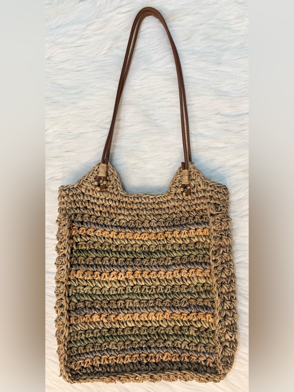 Cappelli Straworld Natural Raffia Striped Tote Leather Handles Tan Sage EUC